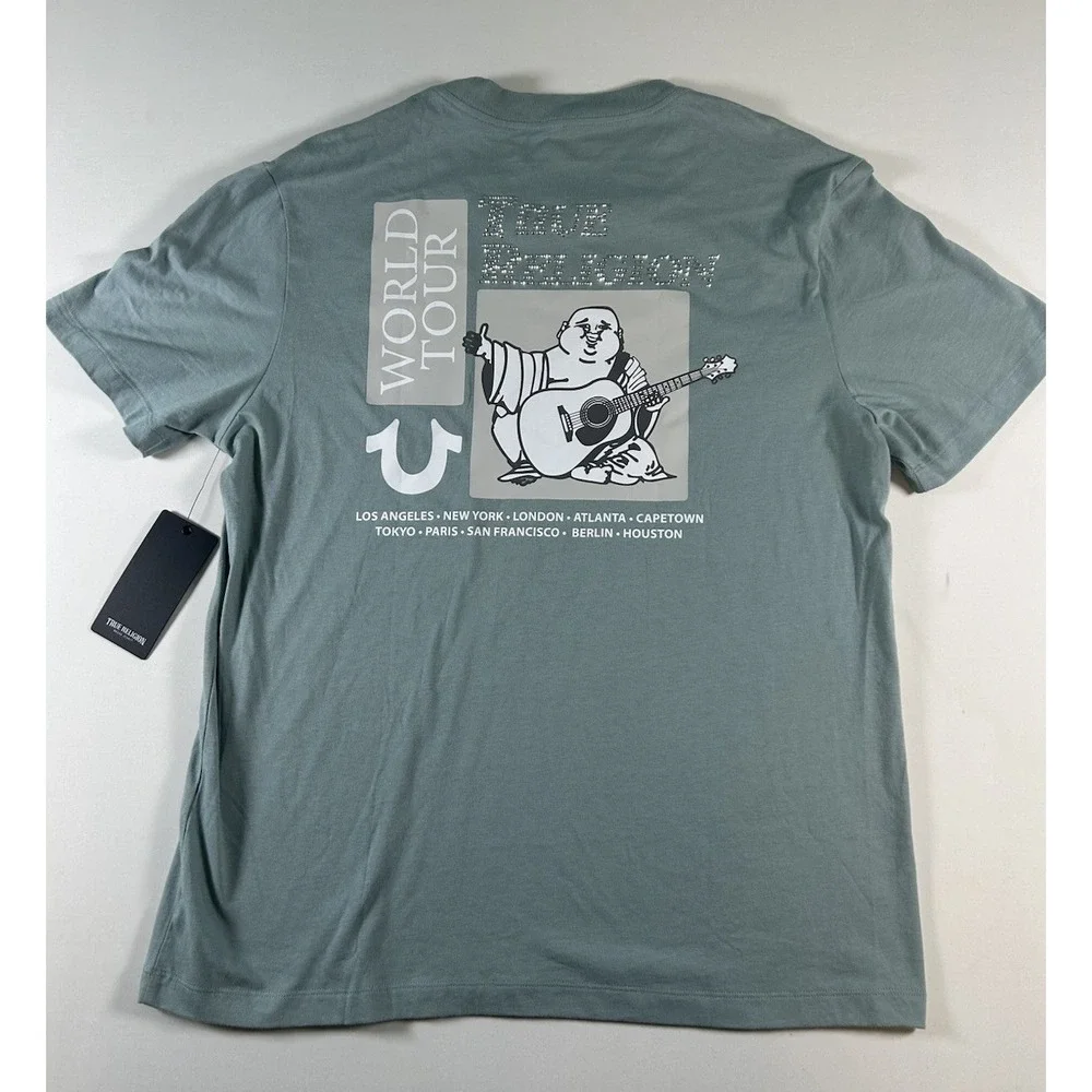 True Religion Men's Crystal Buddha T-shirt M Green Short-sleeve Rhinestone NWT